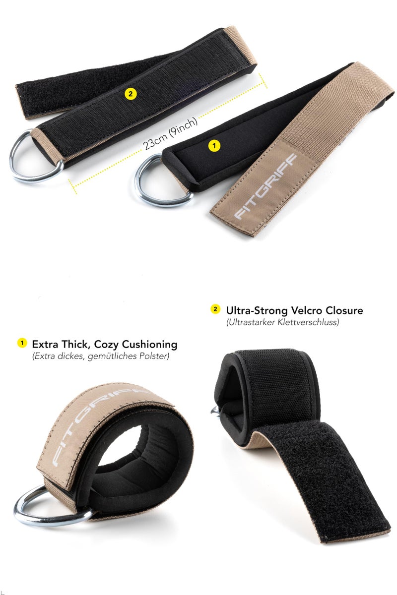 FitgriffÂ® Ankle Straps V2 for Cable Machine (2 Pieces) - Gym Workout Equipment - Leg Pulley Attachment, Kickback Straps (Sand) - Image 3